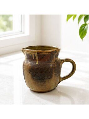Handcrafted Vintage Ceramic Pitcher With Spout & Handle Rustic Brown Glaze 5" Ta